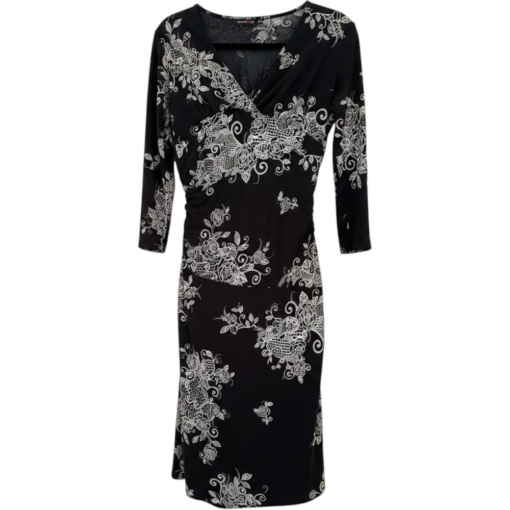 Teeze Me Y2k Black White Floral Lace Print Ruched V-Neck Midi Dress 3/4 Sleeve